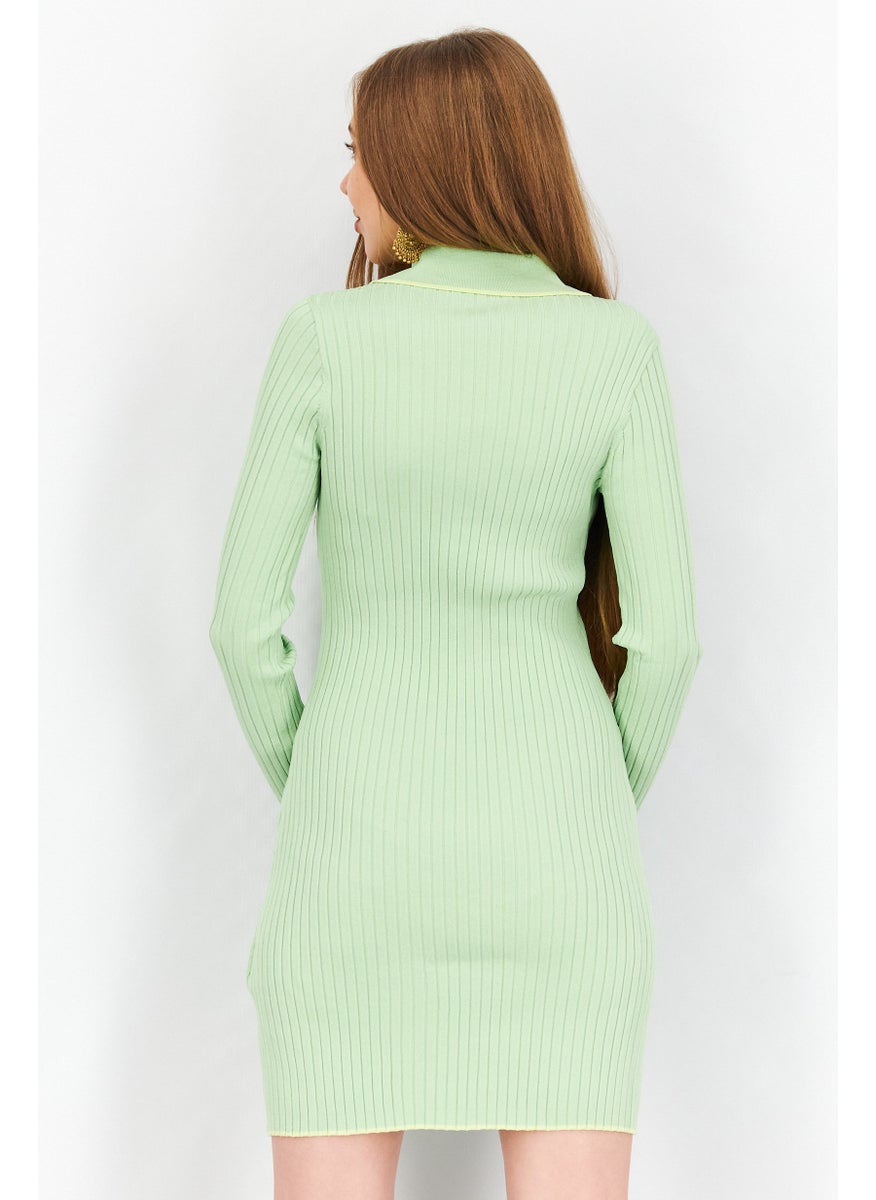 Women Spread Collar Long Sleeve Ribbed Mini Dress, Green