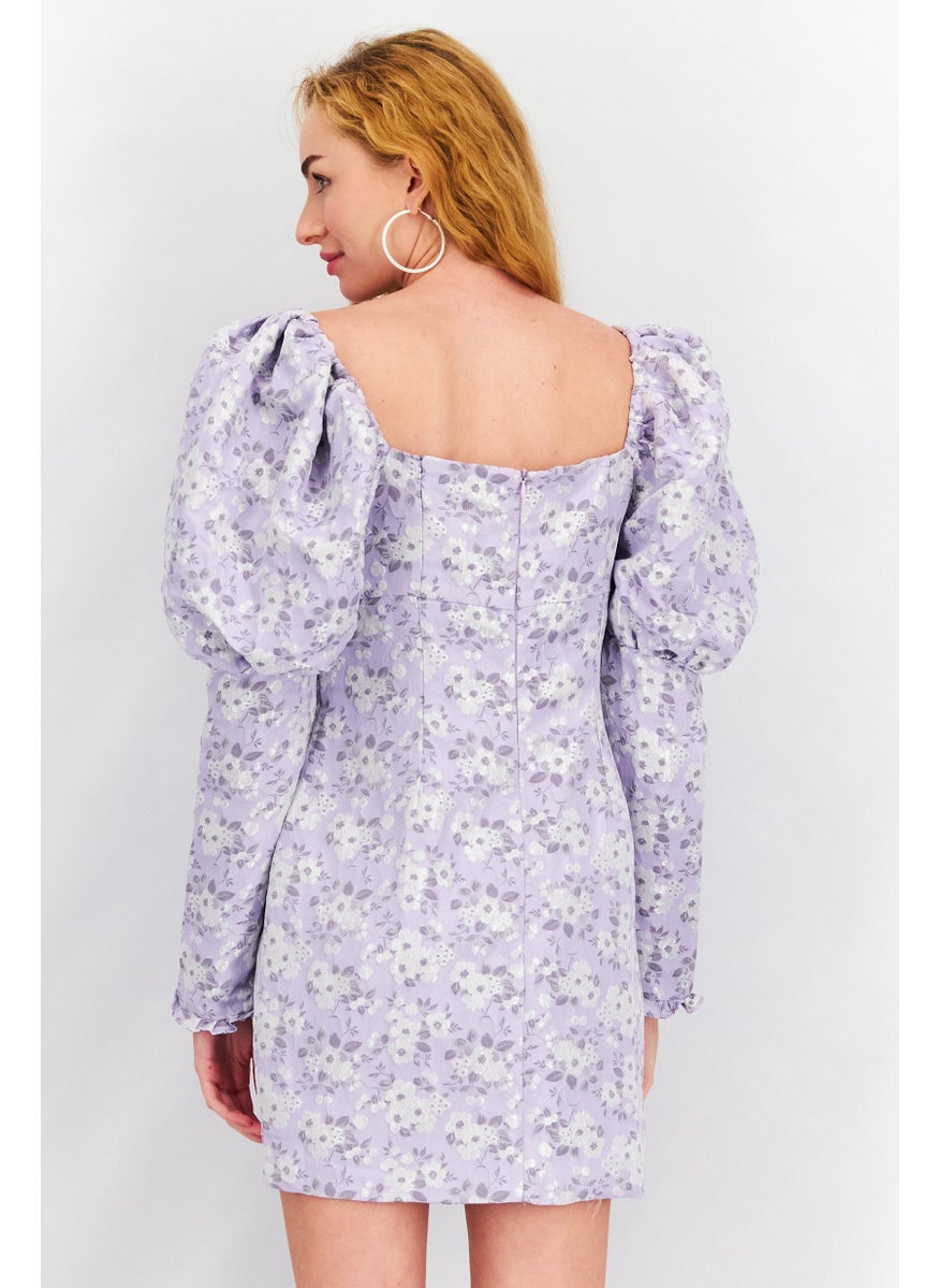 Women Petite Floral Print Mini Dress, Lilac