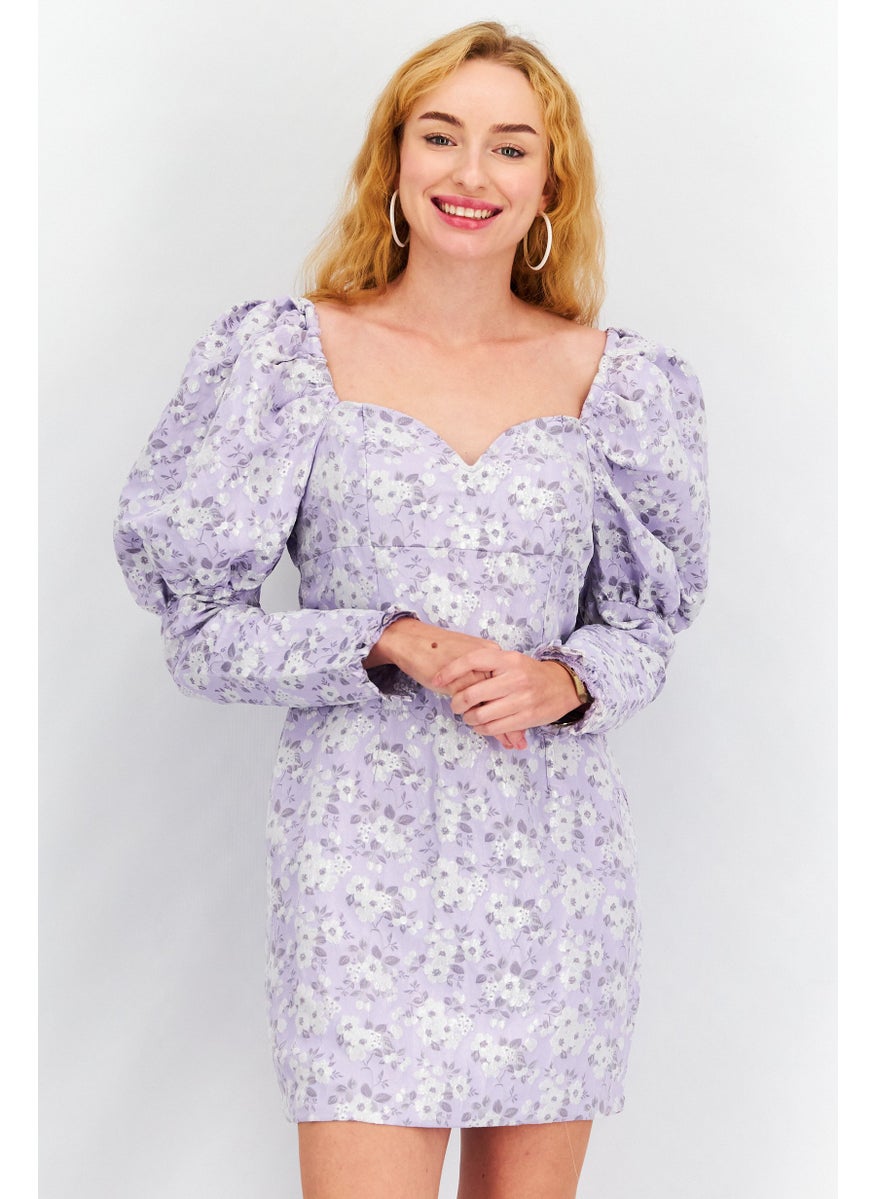 Women Petite Floral Print Mini Dress, Lilac