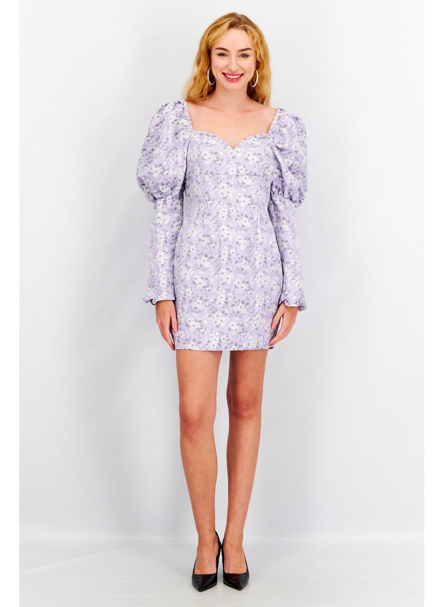Women Petite Floral Print Mini Dress, Lilac