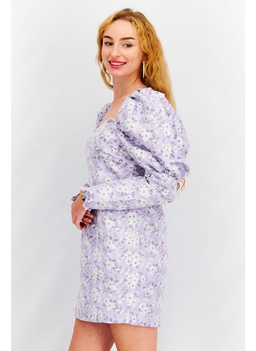 Women Petite Floral Print Mini Dress, Lilac