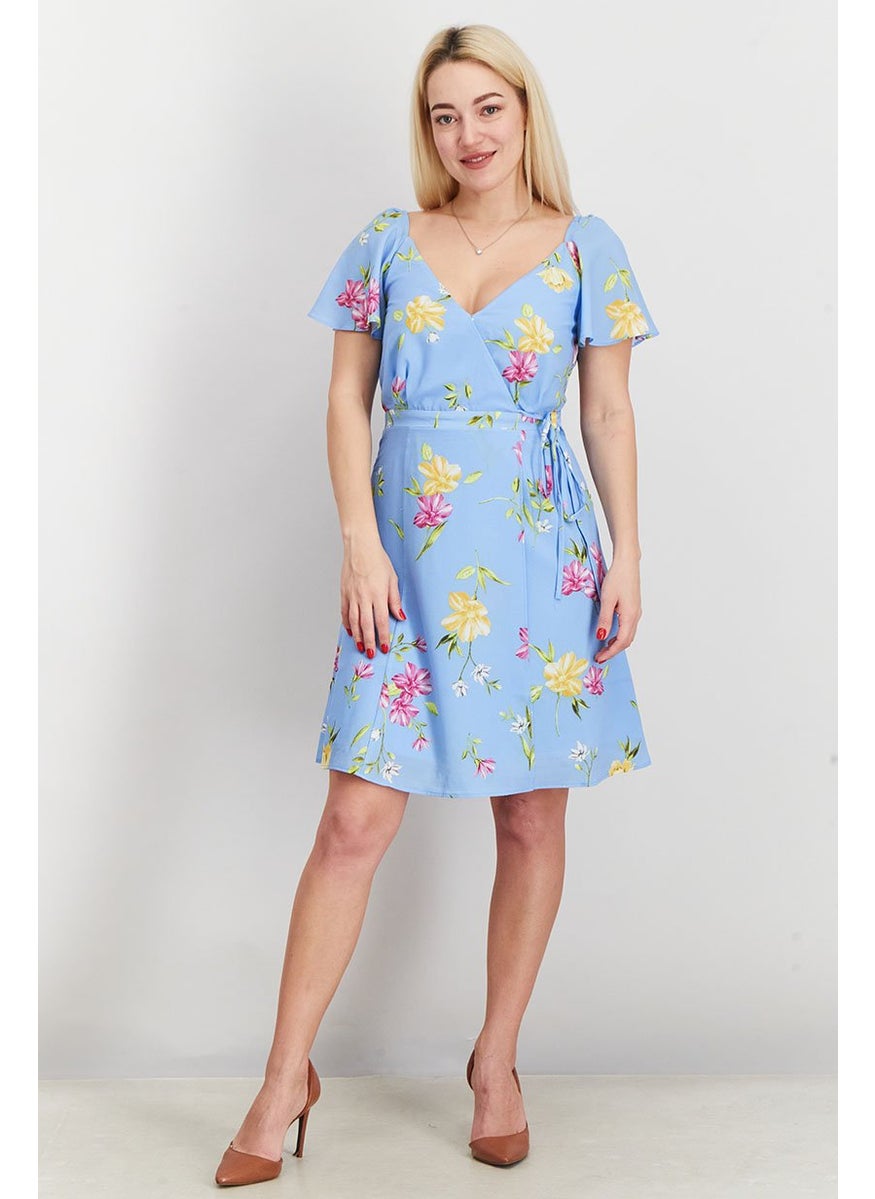 Women Floral Short Sleeves Wrap Dress, Blue Combo