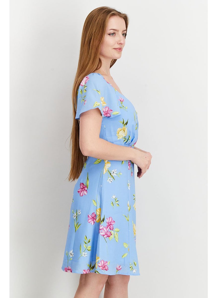 Women Floral Short Sleeves Wrap Dress, Blue Combo