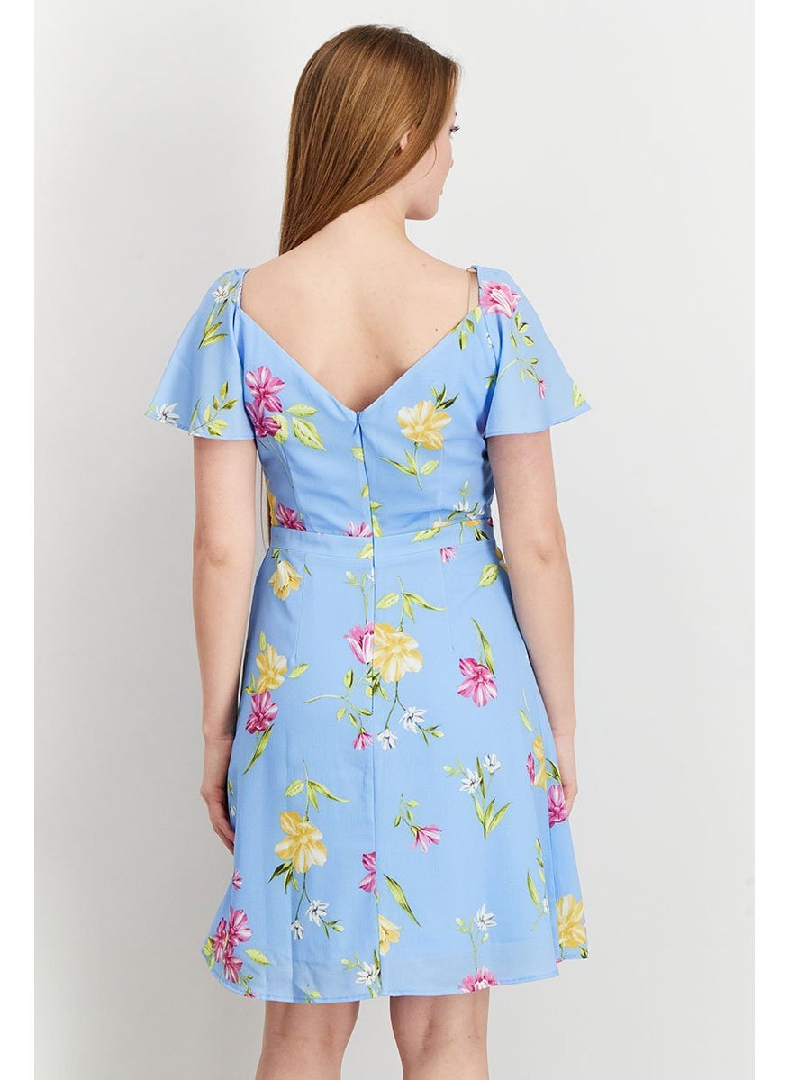 Women Floral Short Sleeves Wrap Dress, Blue Combo