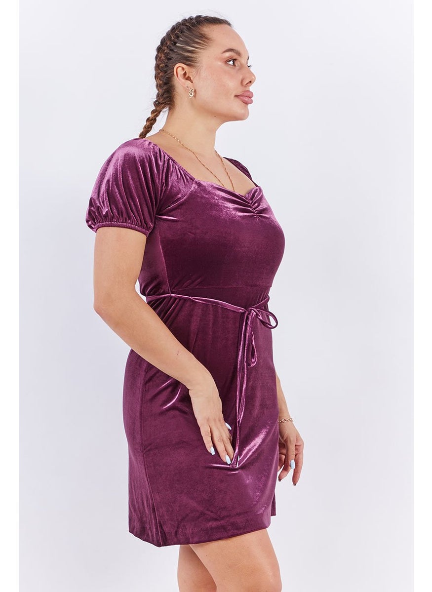Women Textured Velvet Mini Dress, Purple