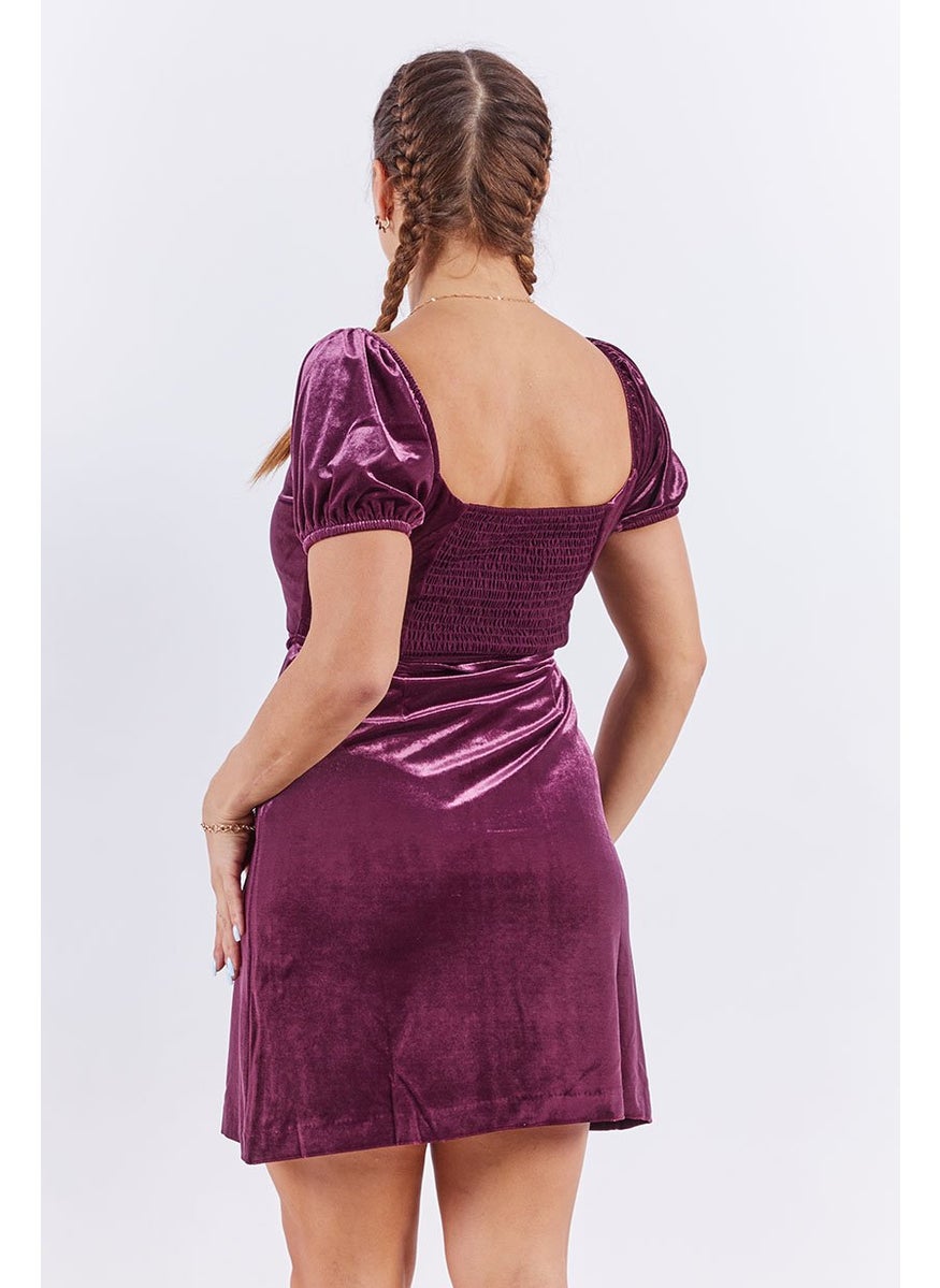 Women Textured Velvet Mini Dress, Purple