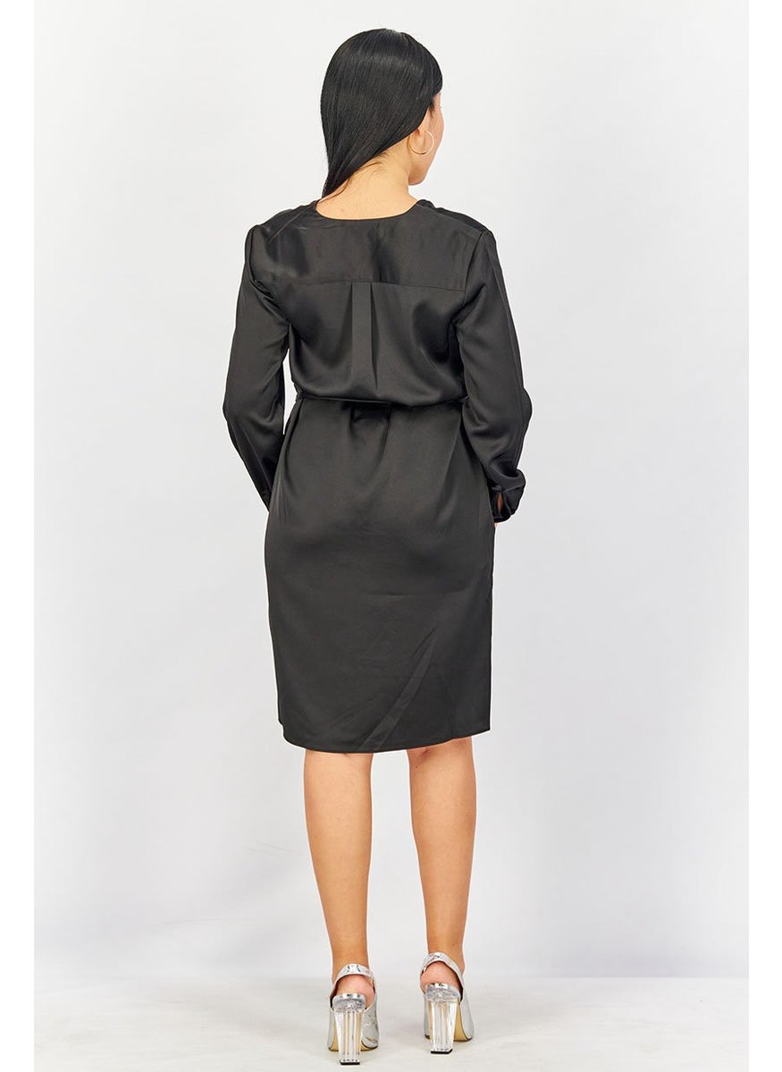 Women Long Sleeve Tie Waist Satin Shirt Dress, Black
