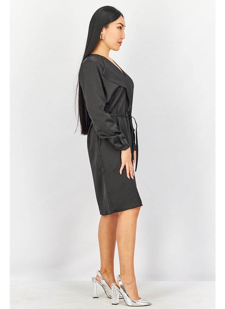 Women Long Sleeve Tie Waist Satin Shirt Dress, Black