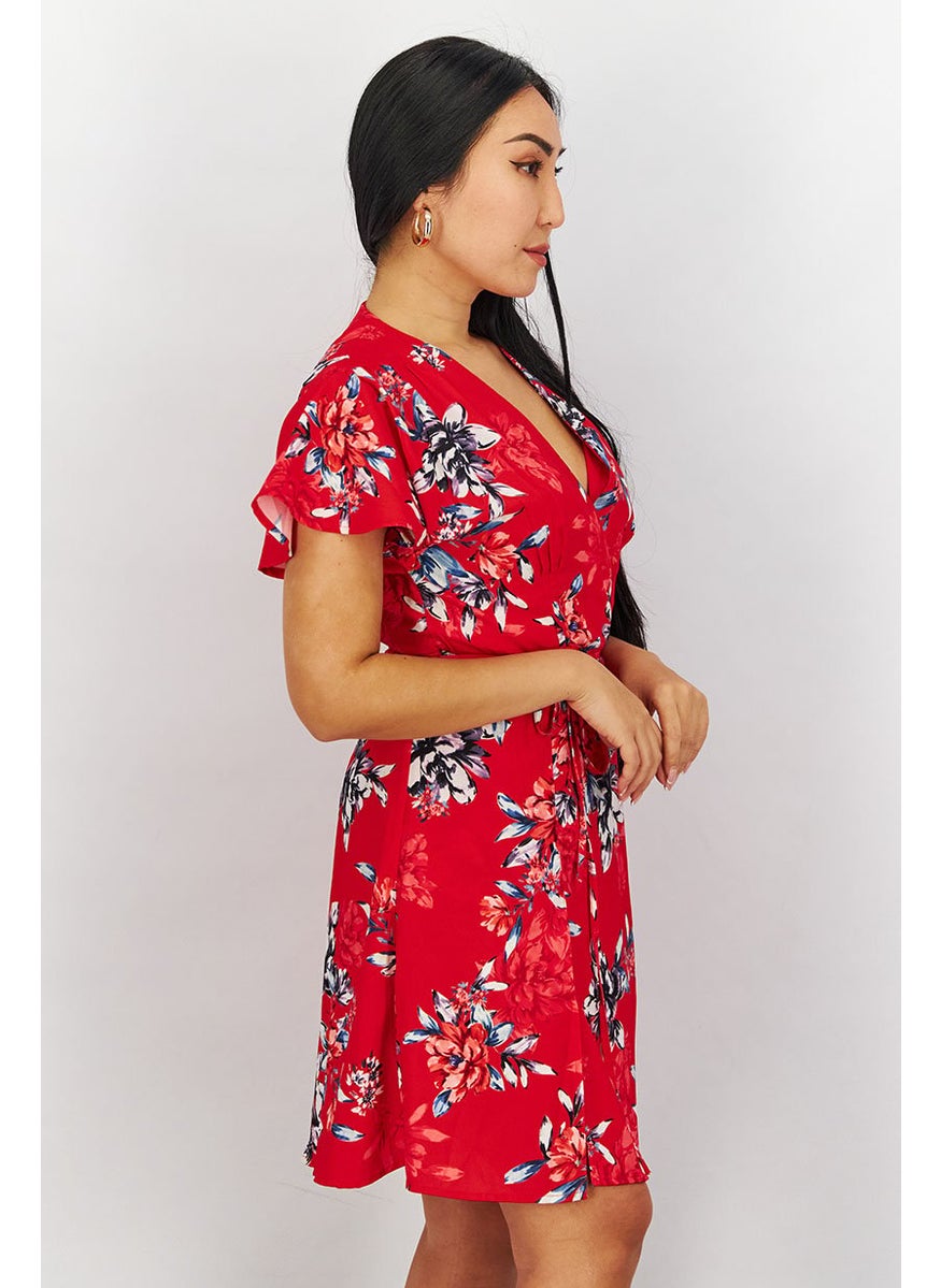 Women Surplice Neckline Short Sleeve Floral Printed Mini Dress, Red