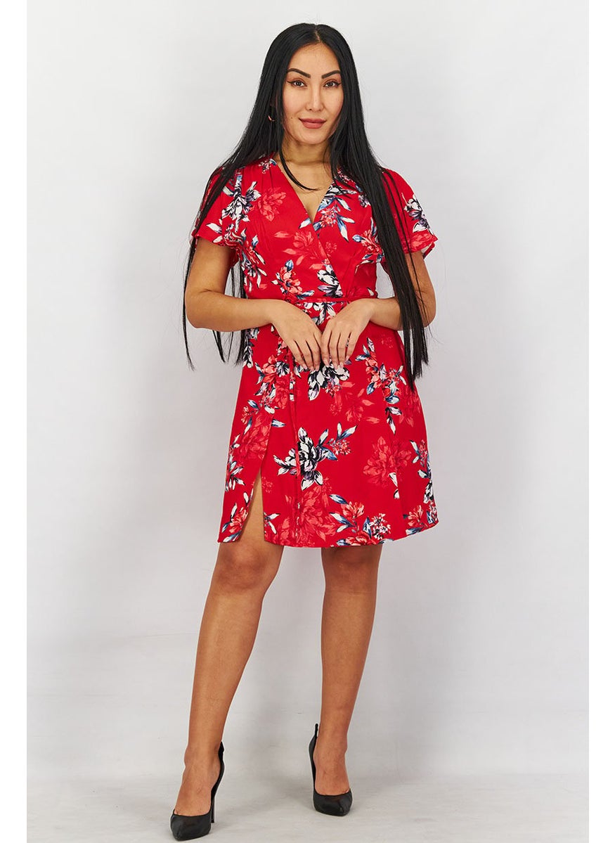 Women Surplice Neckline Short Sleeve Floral Printed Mini Dress, Red