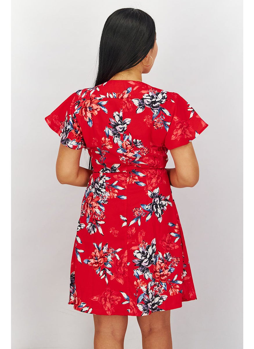 Women Surplice Neckline Short Sleeve Floral Printed Mini Dress, Red