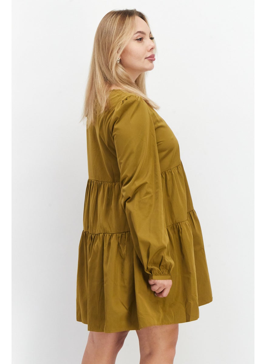 Women Plain Mini Casual Dress, Khaki
