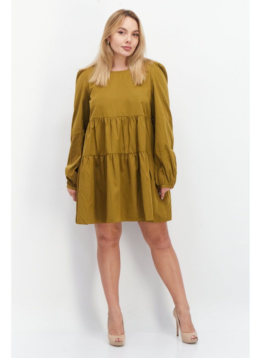 Women Plain Mini Casual Dress, Khaki