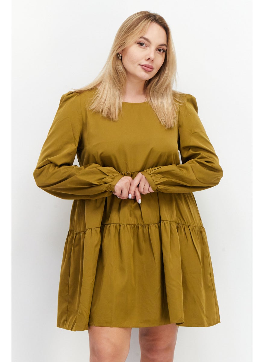 Women Plain Mini Casual Dress, Khaki