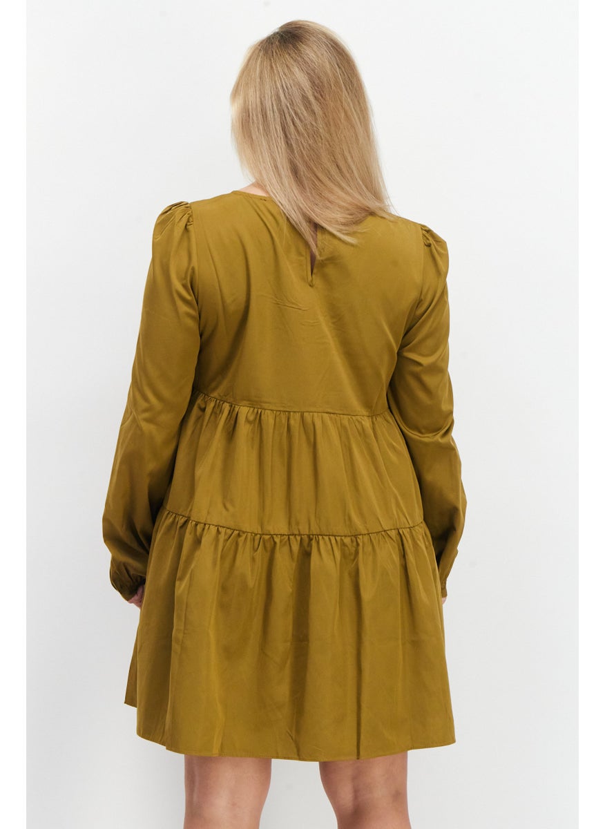 Women Plain Mini Casual Dress, Khaki