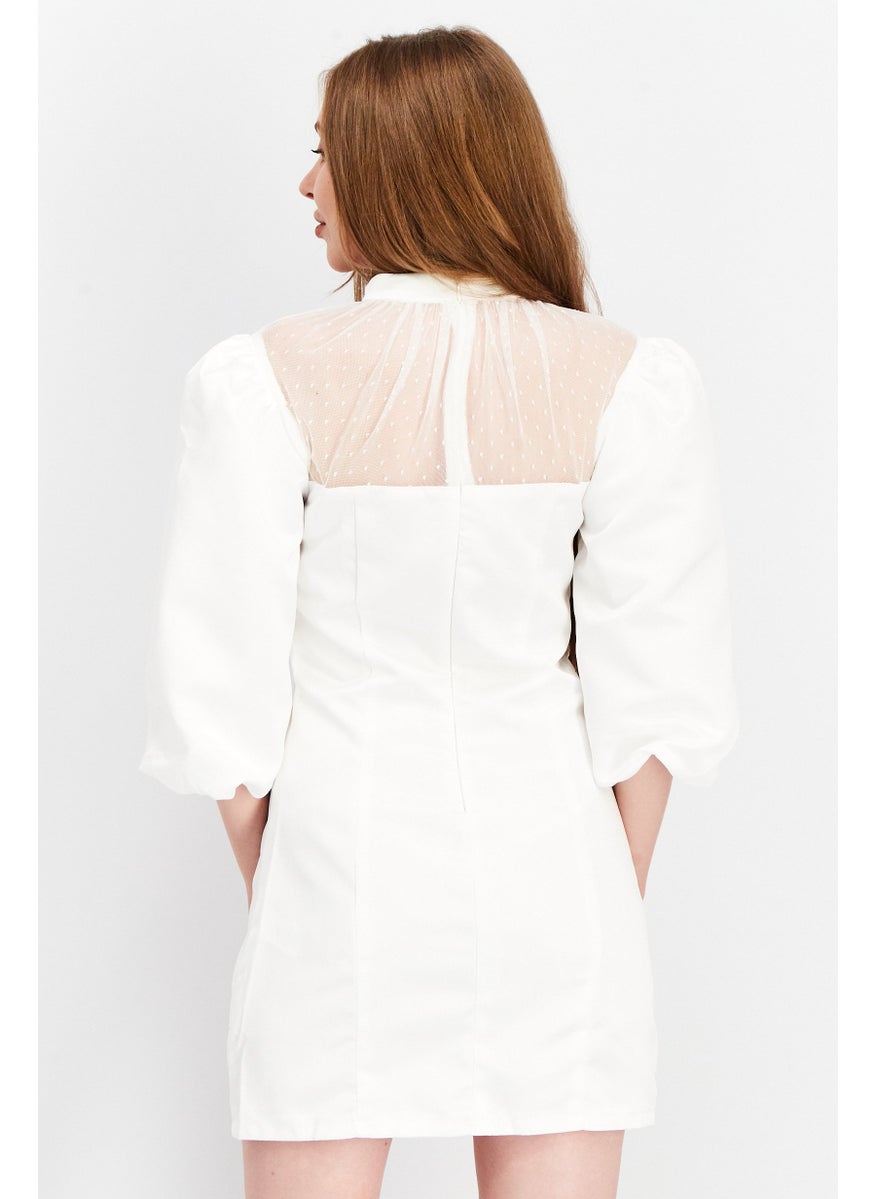 Women Textured High Neck Mini Dress, White