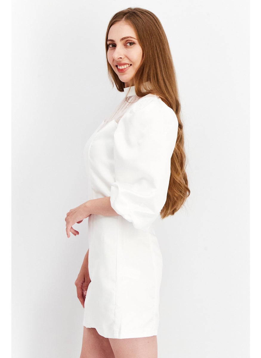 Women Textured High Neck Mini Dress, White