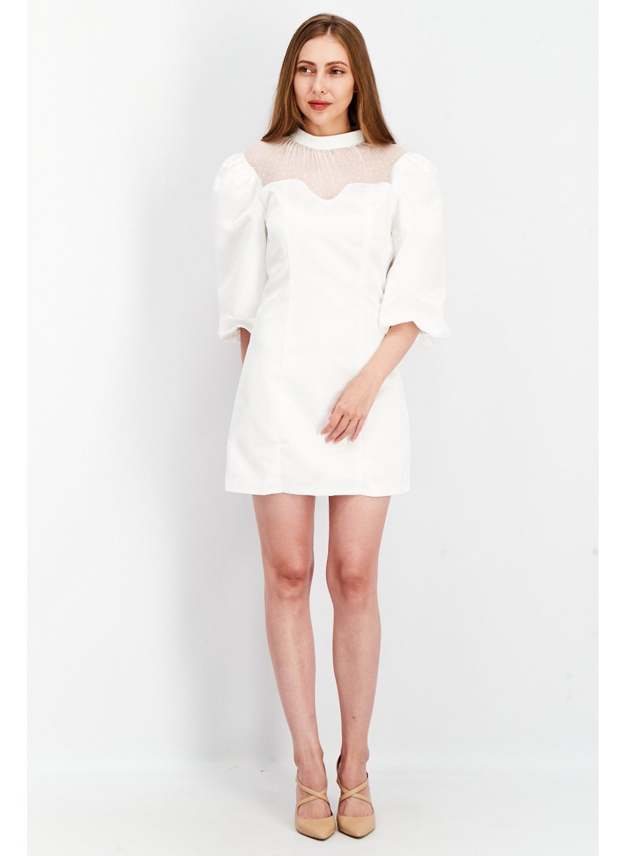 Women Textured High Neck Mini Dress, White