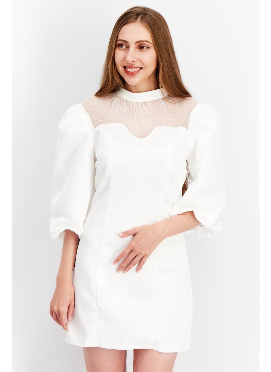 Women Textured High Neck Mini Dress, White