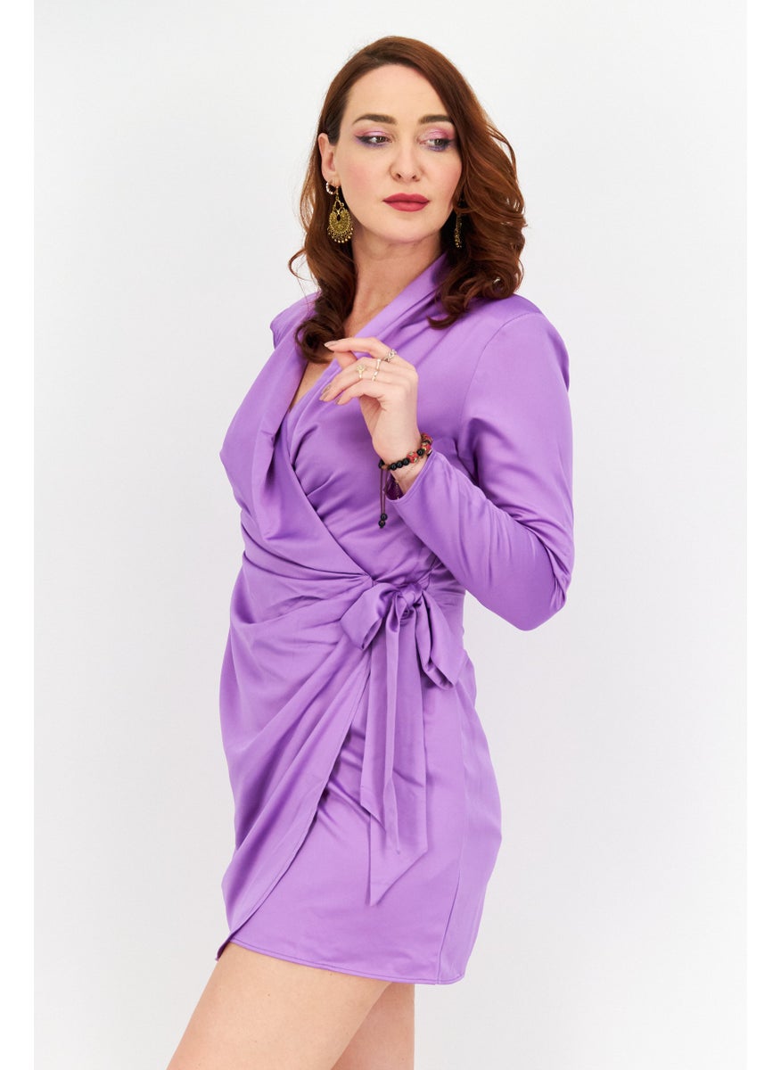 Women Regular Fit Satin Wrap Dress, Purple
