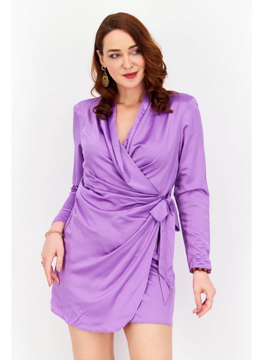 Women Regular Fit Satin Wrap Dress, Purple