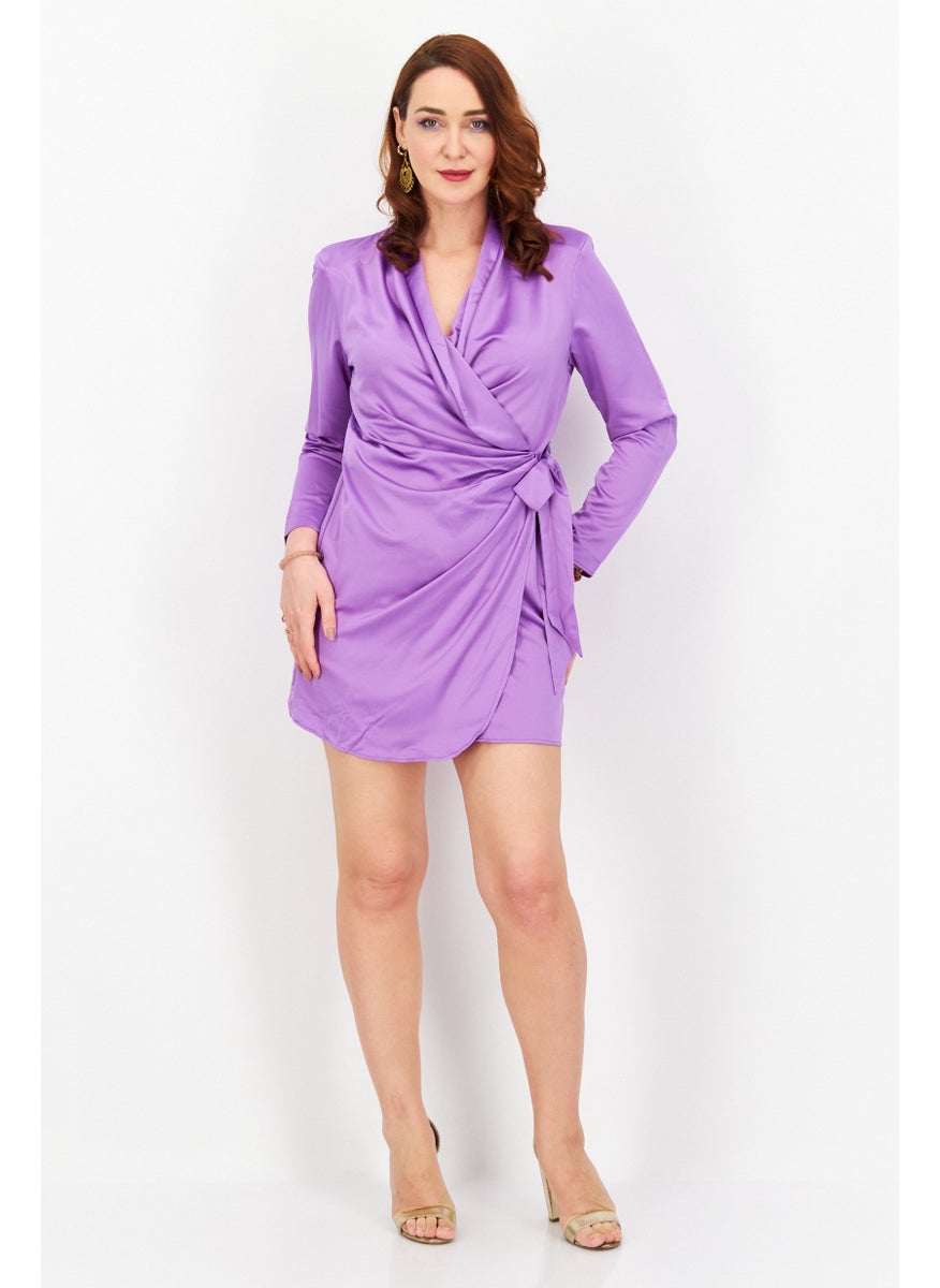 Women Regular Fit Satin Wrap Dress, Purple