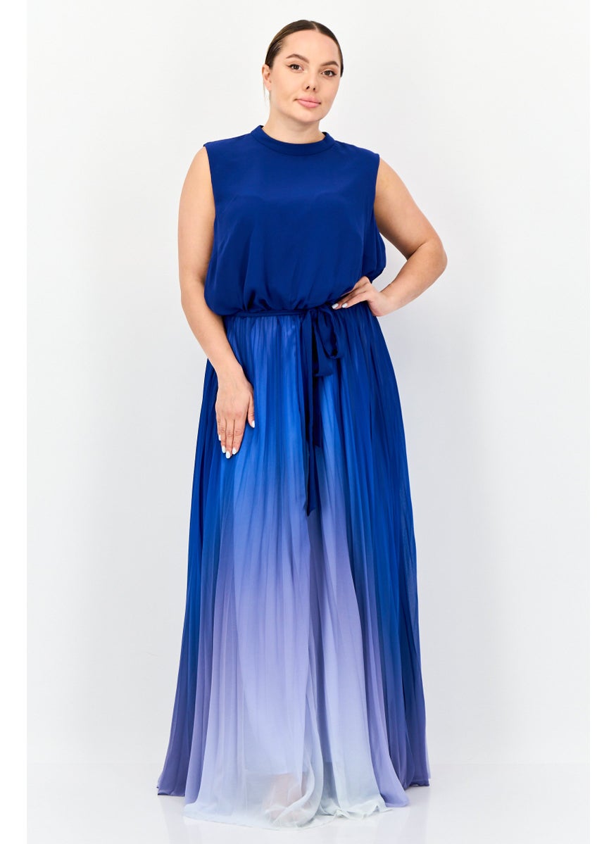 Women Ombre Pattern Belted Maxi Dress, Blue
