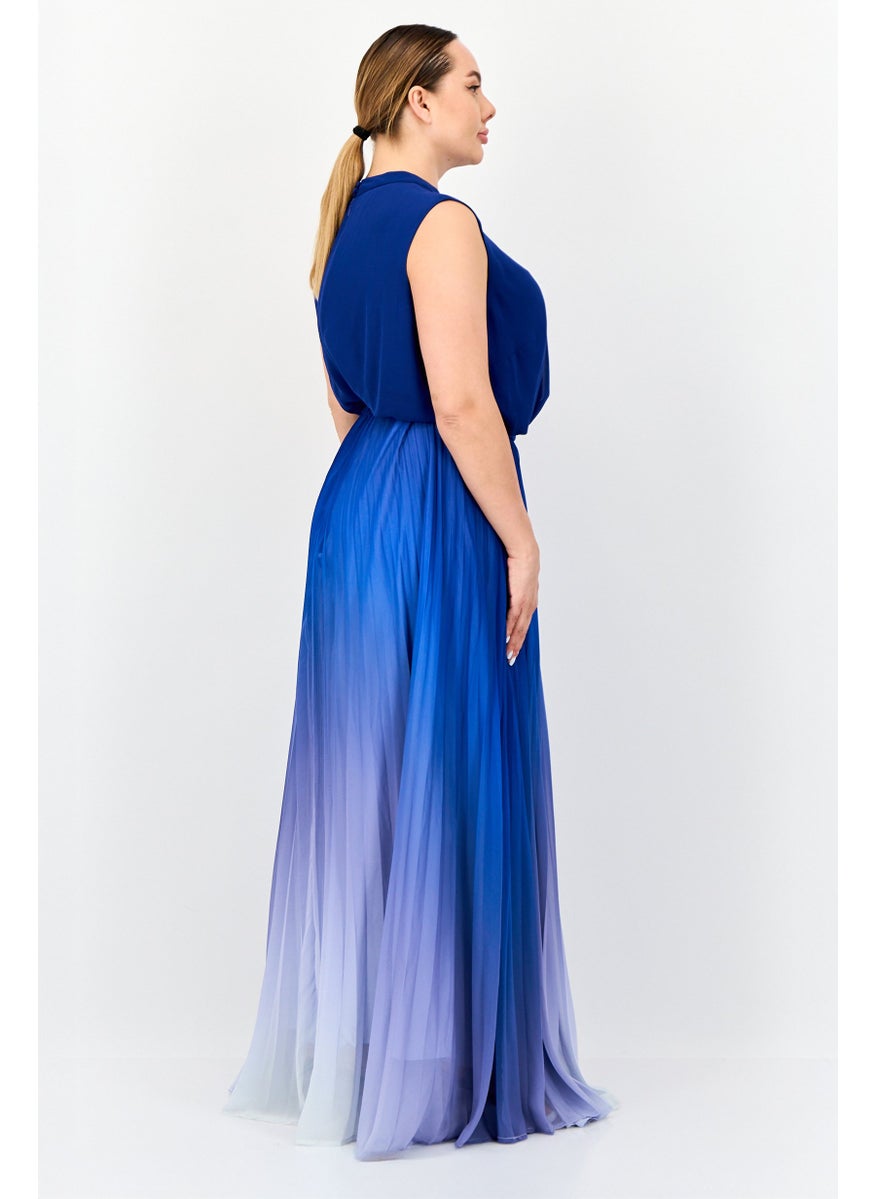Women Ombre Pattern Belted Maxi Dress, Blue