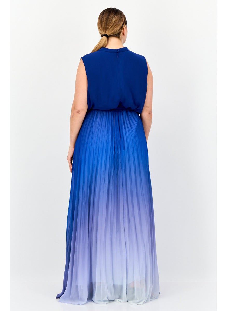 Women Ombre Pattern Belted Maxi Dress, Blue