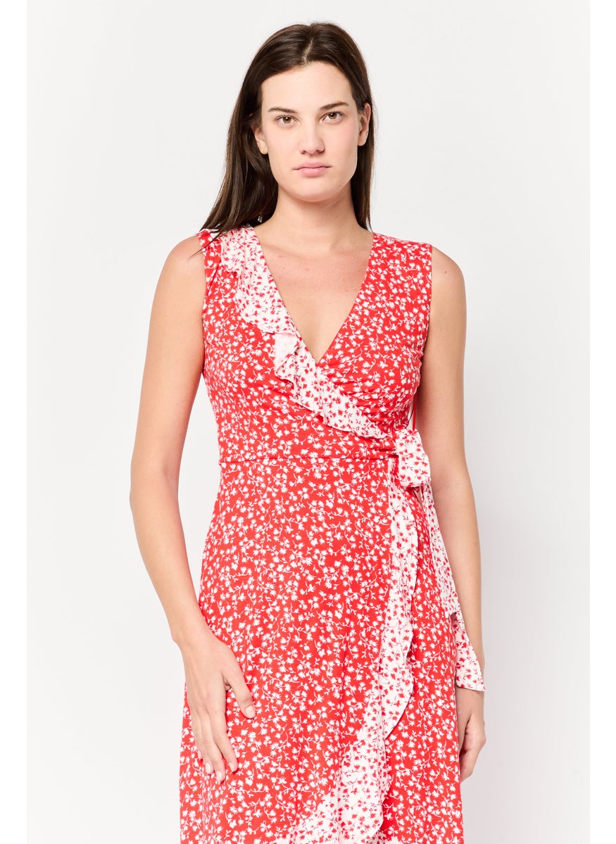 Women Floral Print Wrap Dress, Red