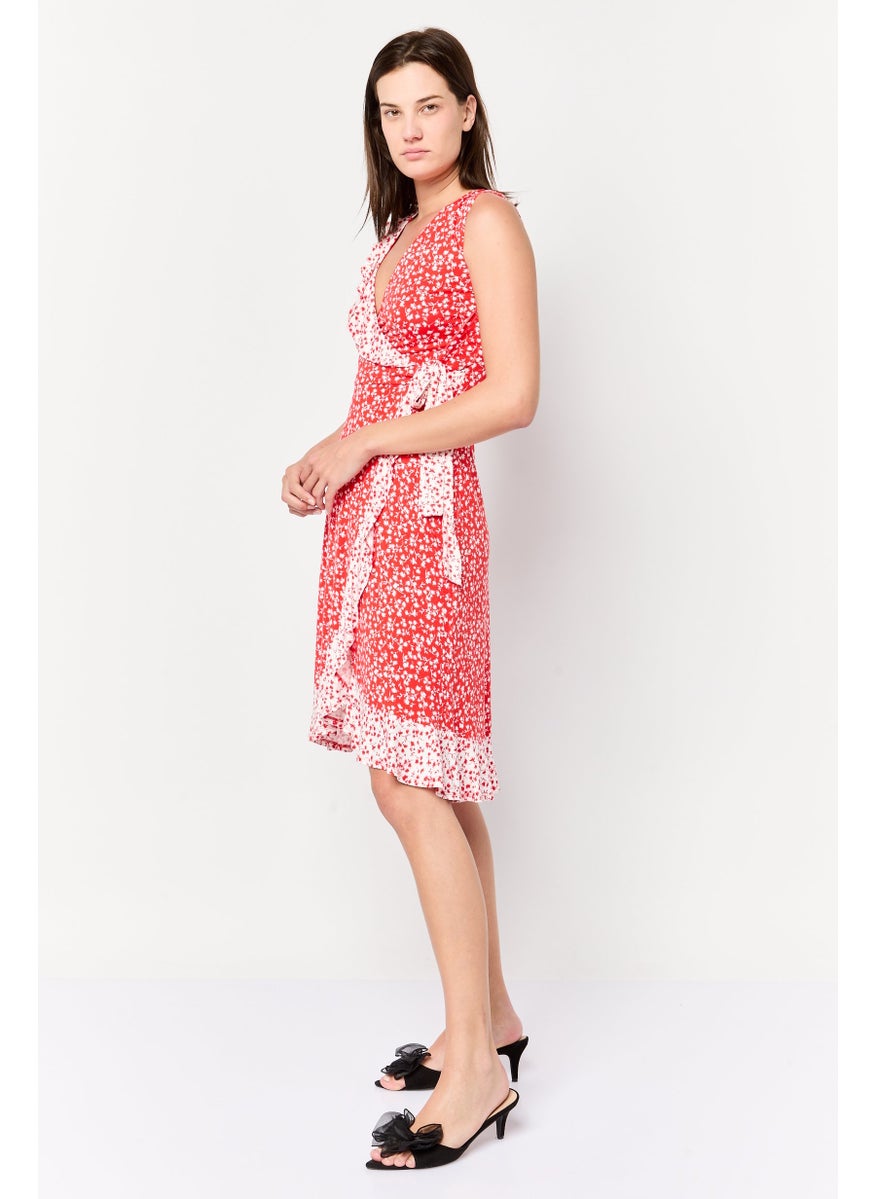 Women Floral Print Wrap Dress, Red