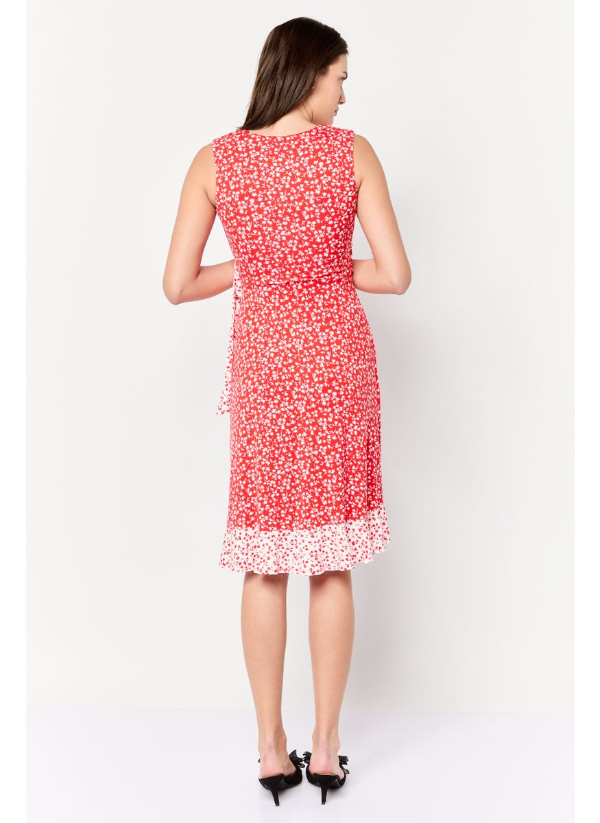 Women Floral Print Wrap Dress, Red
