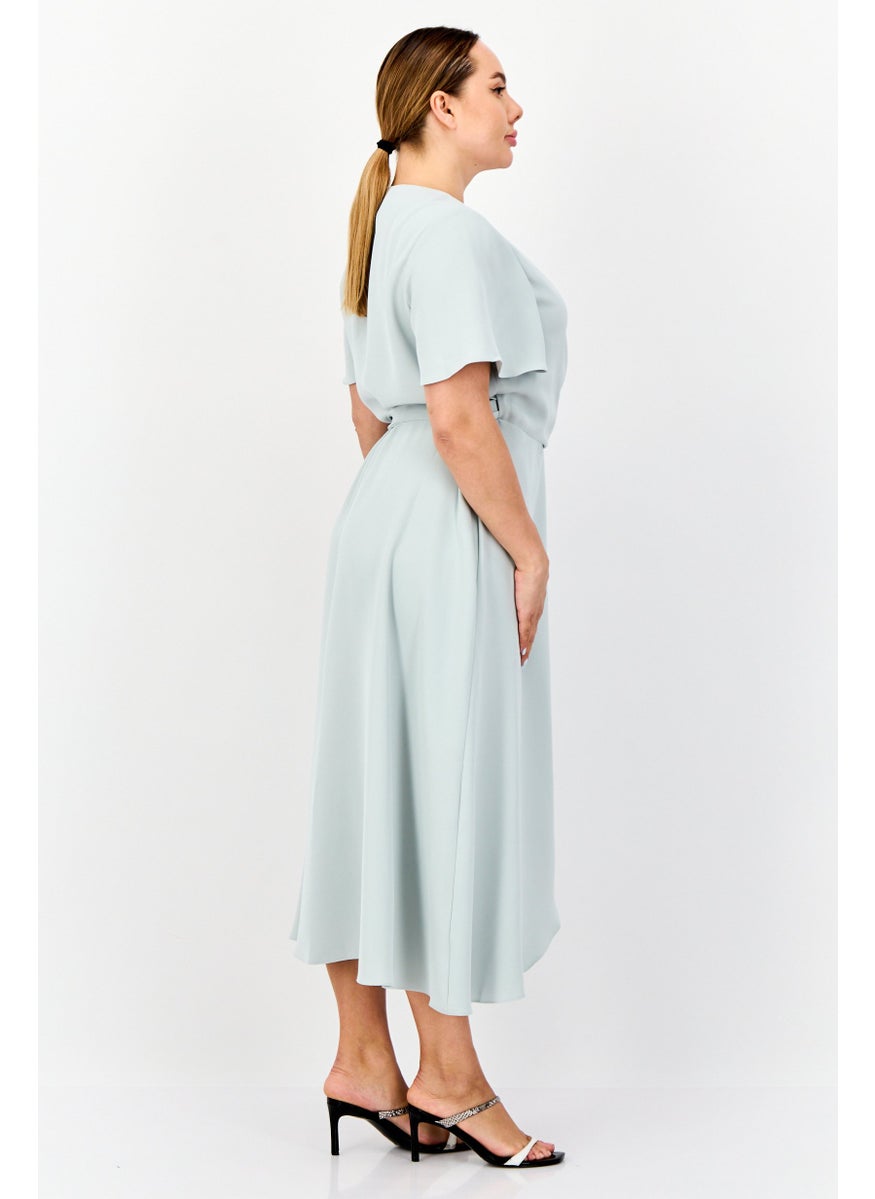 Women Plain Frill Wrap Dress, Sage Green