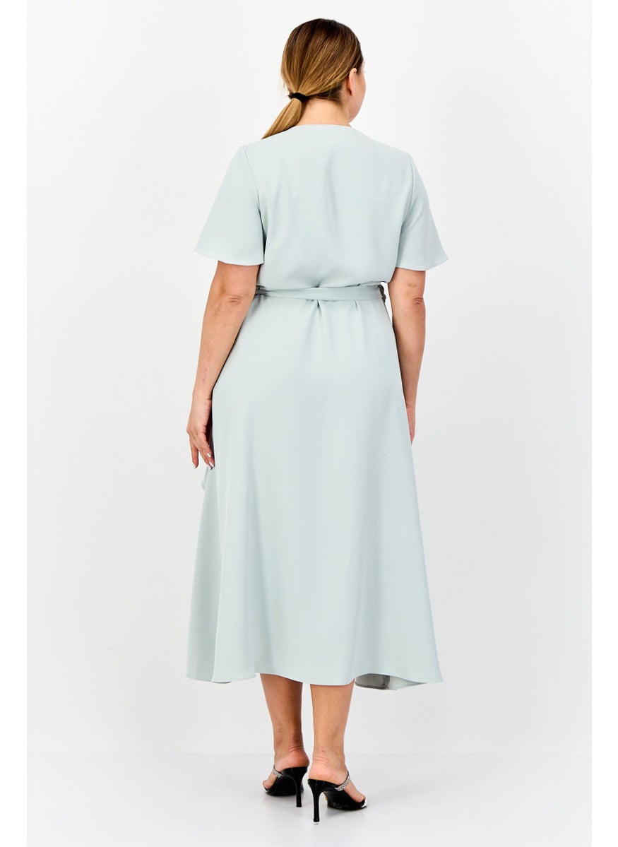 Women Plain Frill Wrap Dress, Sage Green