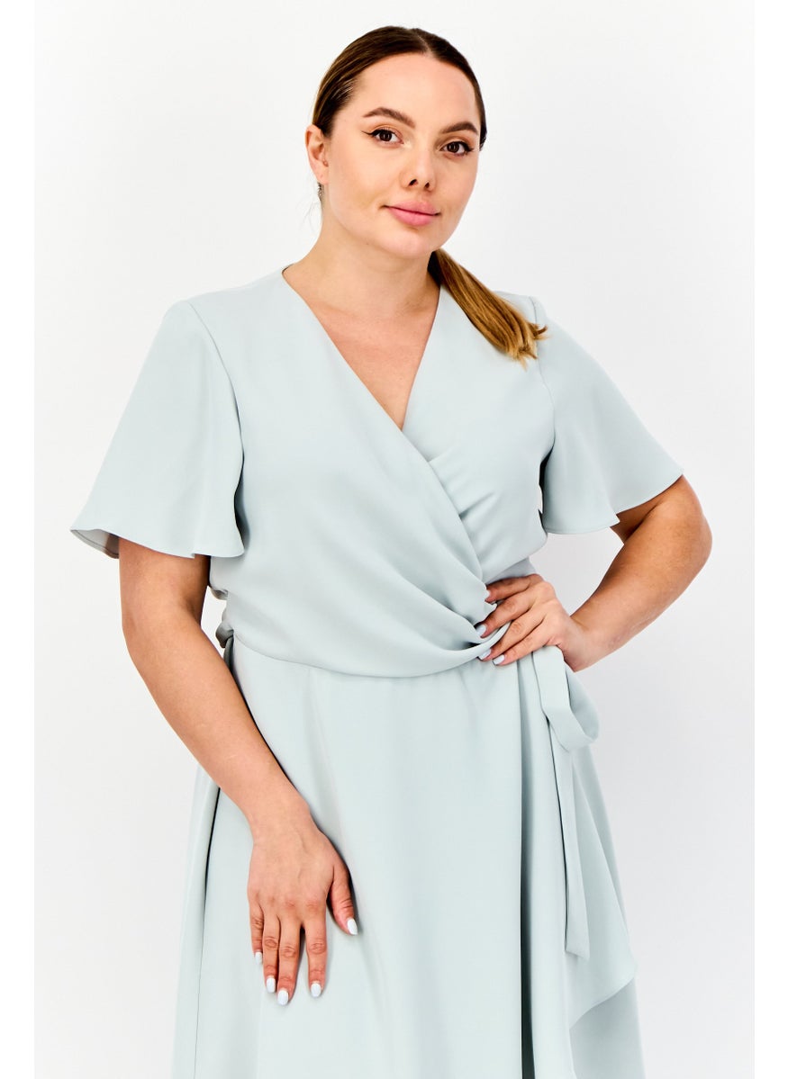 Women Plain Frill Wrap Dress, Sage Green