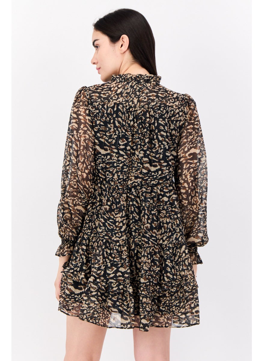 Women Petite Leopard Print Swing Dress, Black