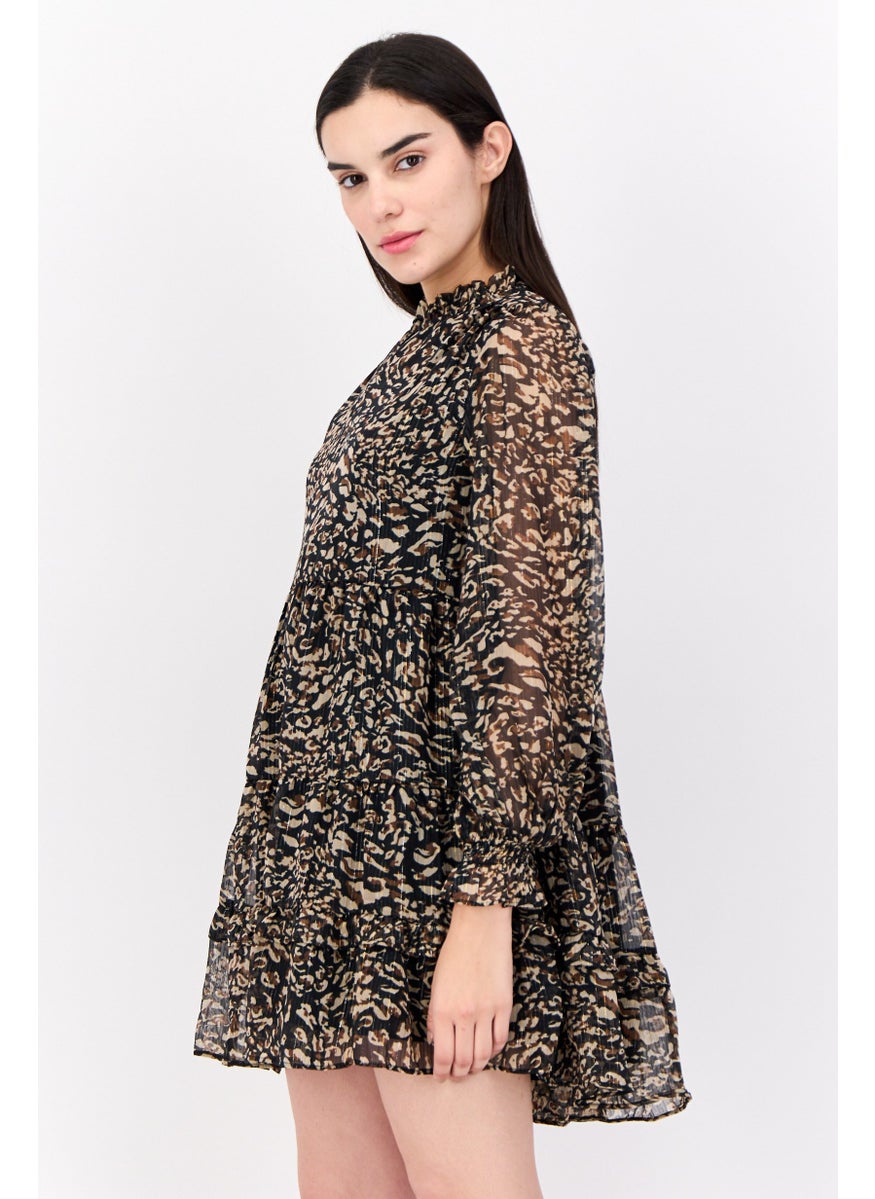 Women Petite Leopard Print Swing Dress, Black