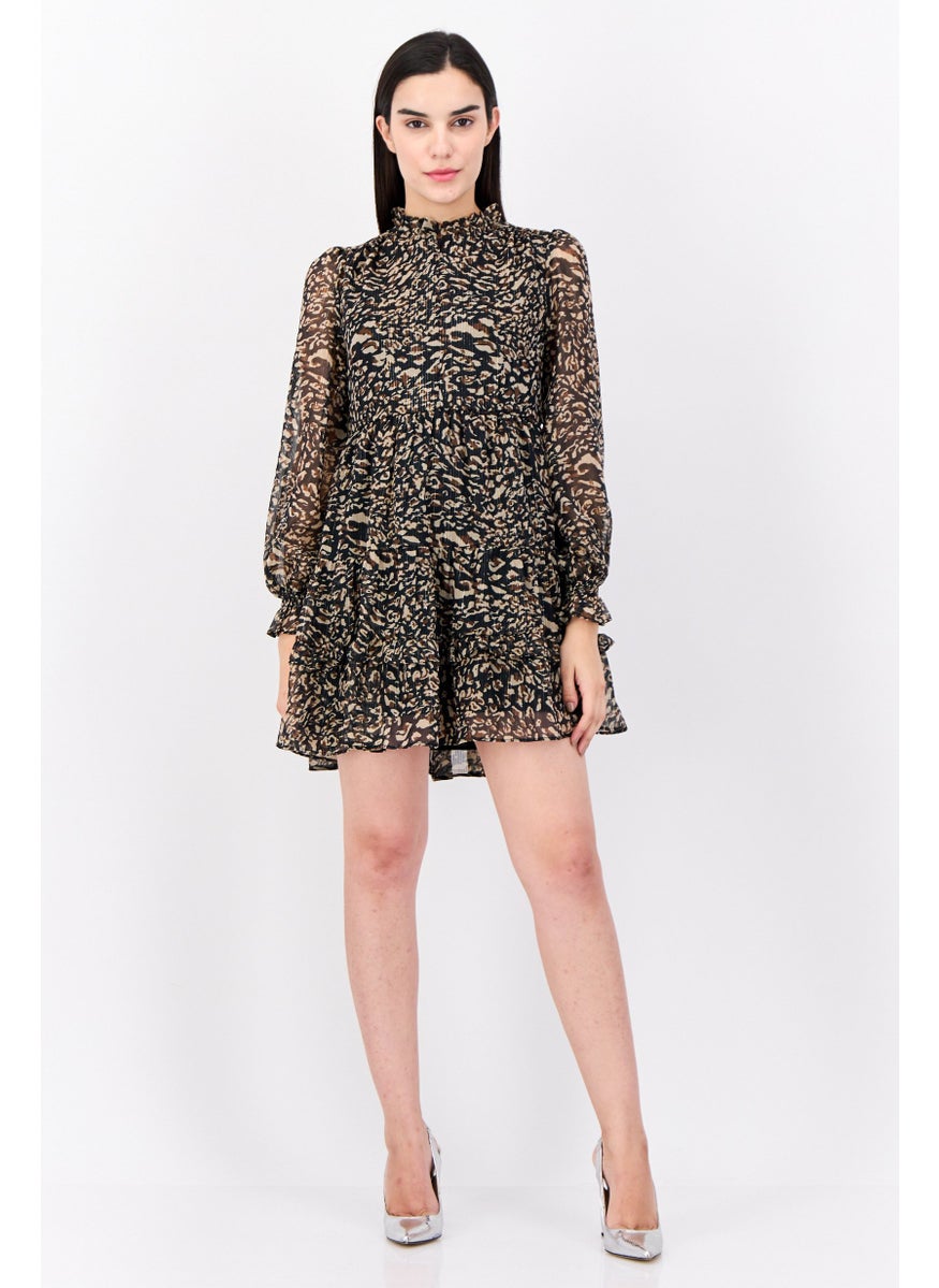 Women Petite Leopard Print Swing Dress, Black
