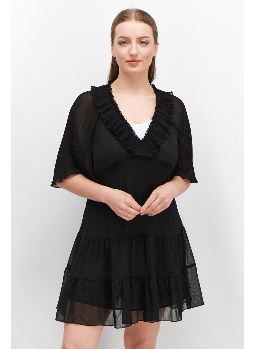 Women Pleated Detail Mini Dress, Black