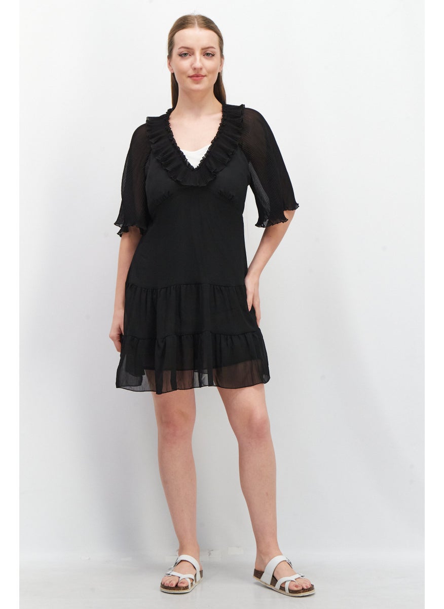 Women Pleated Detail Mini Dress, Black