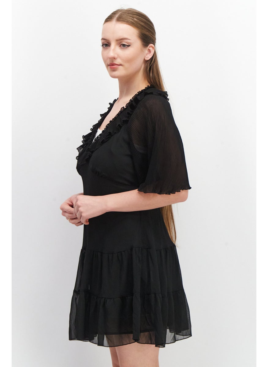 Women Pleated Detail Mini Dress, Black