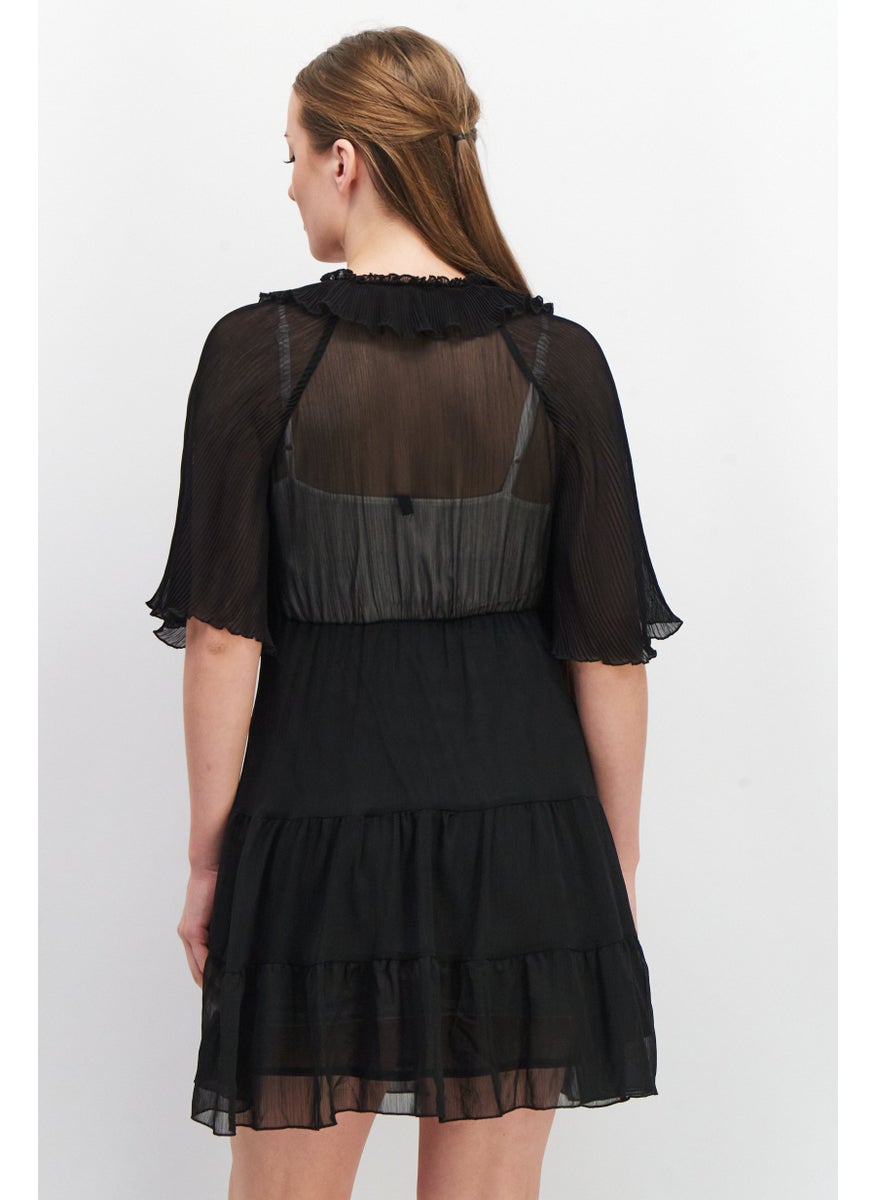 Women Pleated Detail Mini Dress, Black
