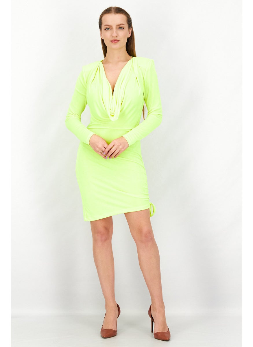 Women Draped Neck Long Sleeve Solid Mini Bodycon Dress, Lime