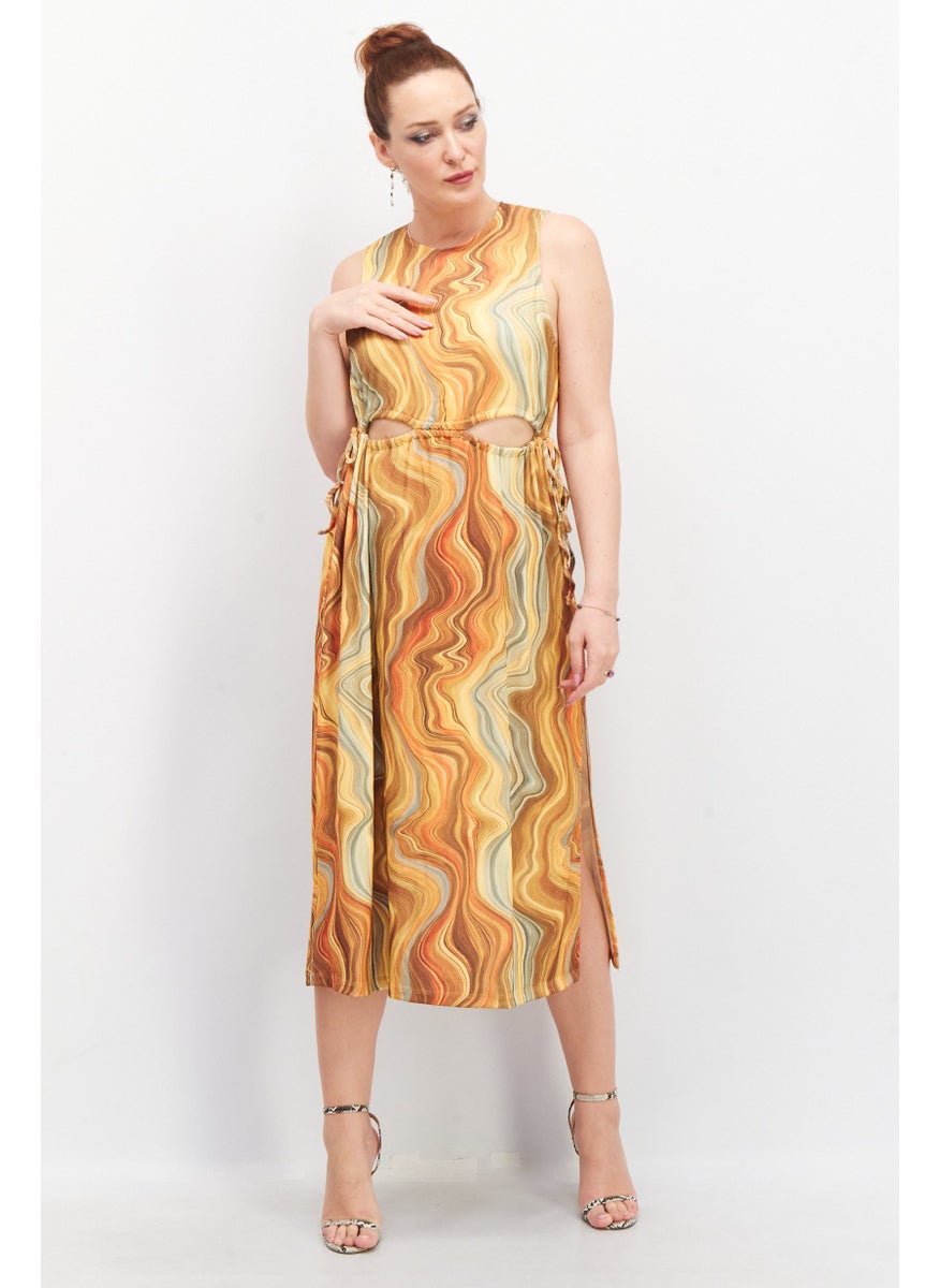 Women Cut Out Drawstring Allover Print Midi Dress, Yellow Combo