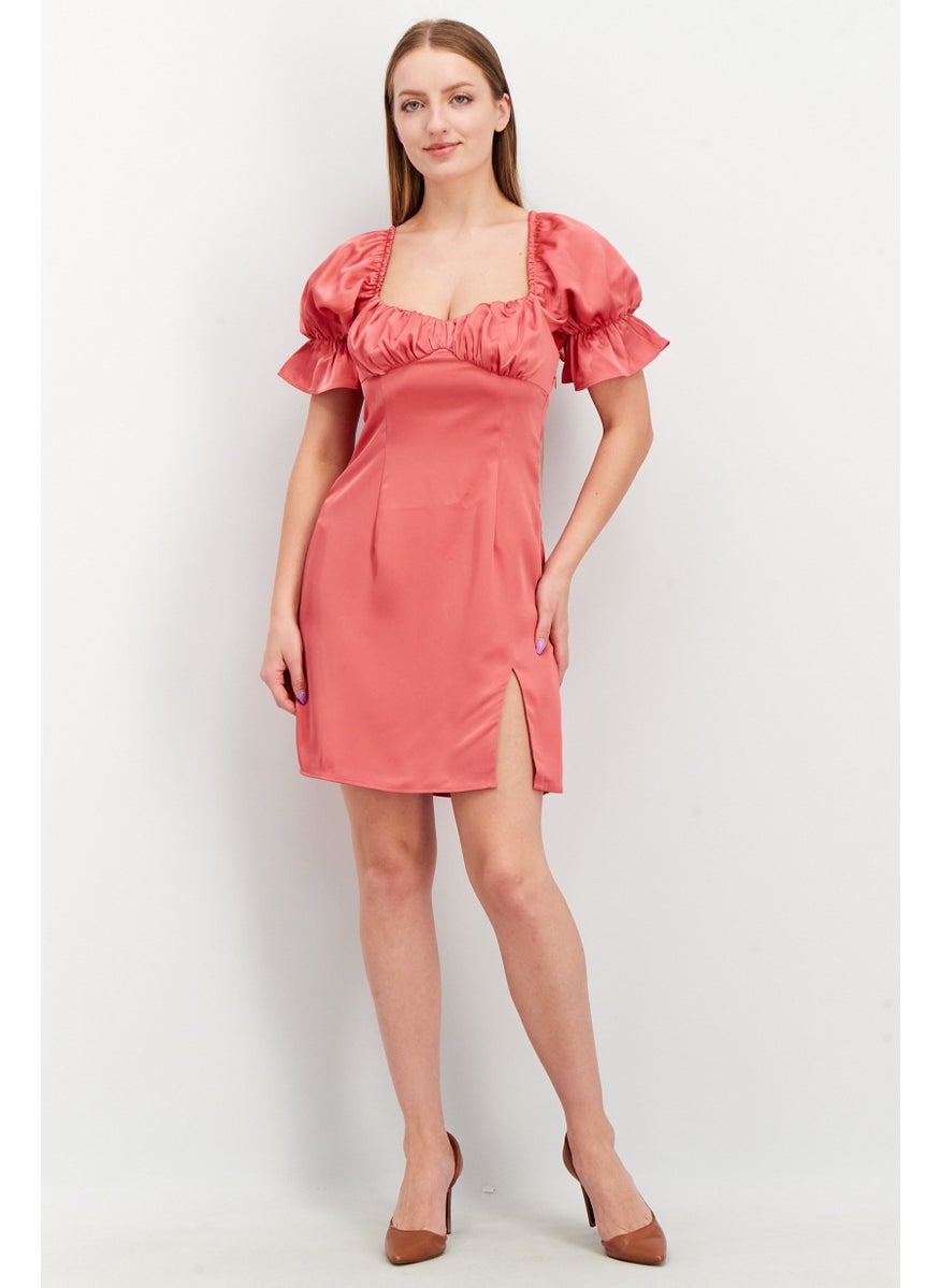 Women Gathered Chest Slit Puffed Sleeve Casual Mini Dress, Rose