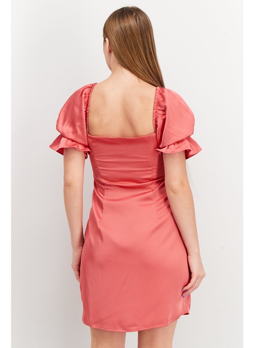 Women Gathered Chest Slit Puffed Sleeve Casual Mini Dress, Rose