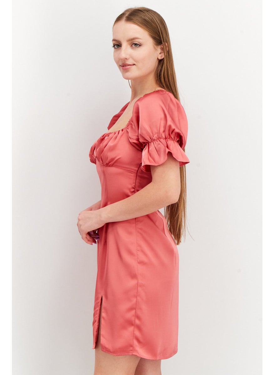 Women Gathered Chest Slit Puffed Sleeve Casual Mini Dress, Rose