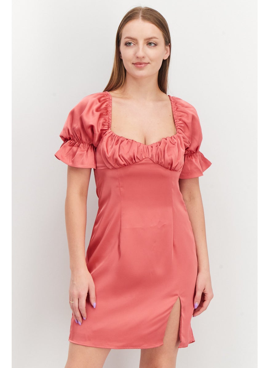 Women Gathered Chest Slit Puffed Sleeve Casual Mini Dress, Rose