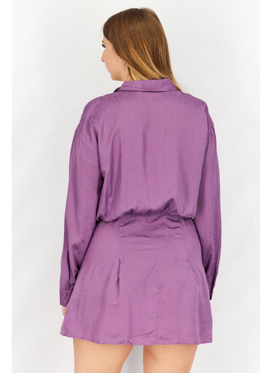 Women Seam Detail Spread Collar Casual Mini Shirt Dress, Purple