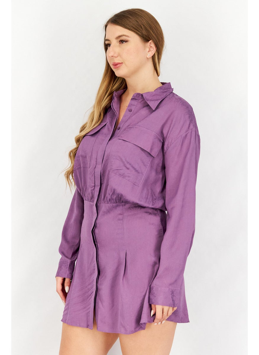 Women Seam Detail Spread Collar Casual Mini Shirt Dress, Purple